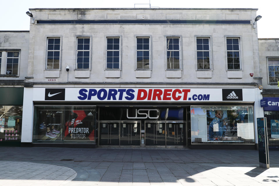 SOUTHAMPTON, ENGLAND - APRIL 19: A Sports Direct store  on April 19, 2020 in Southampton, England. In a press conference on Thursday, First Secretary of State Dominic Raab announced that the lockdown will remain in place for at least 3 more weeks. The Coronavirus (COVID-19) pandemic has spread to many countries across the world, claiming over 140,000 lives and infecting more than 2 million people. (Photo by Naomi Baker/Getty Images)