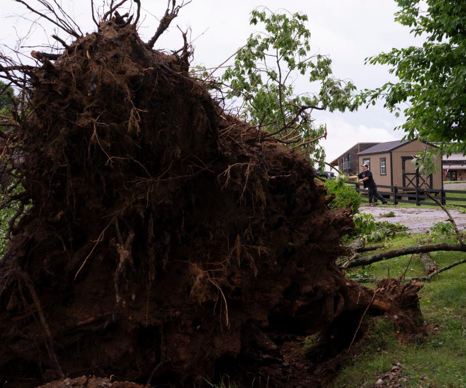 Aaron White, an employee at Starstruck Farms in Gallatin, Tenn., cleans up debris after storms hit the area Wednesday afternoon throughout Thursday morning at in Gallatin, Tenn., Thursday, May 9, 2024.