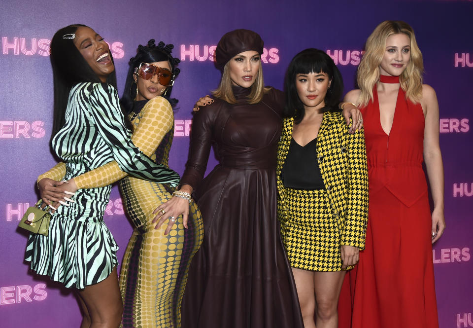 Keke Palmer, from left, Cardi B, Jennifer Lopez, Constance Wu, and Lili Reinhart arrive at a photo call for "Hustlers" at The Four Seasons on Sunday, Aug. 25, 2019 in Beverly Hills, Calif . (Photo by Jordan Strauss/Invision/AP)