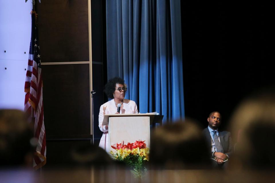Mrs. Bernadette Ball-Oliver giving some words of wisdom before the Celebration of Excellence at Woodville-Tomplins High School on April 17th, 2024