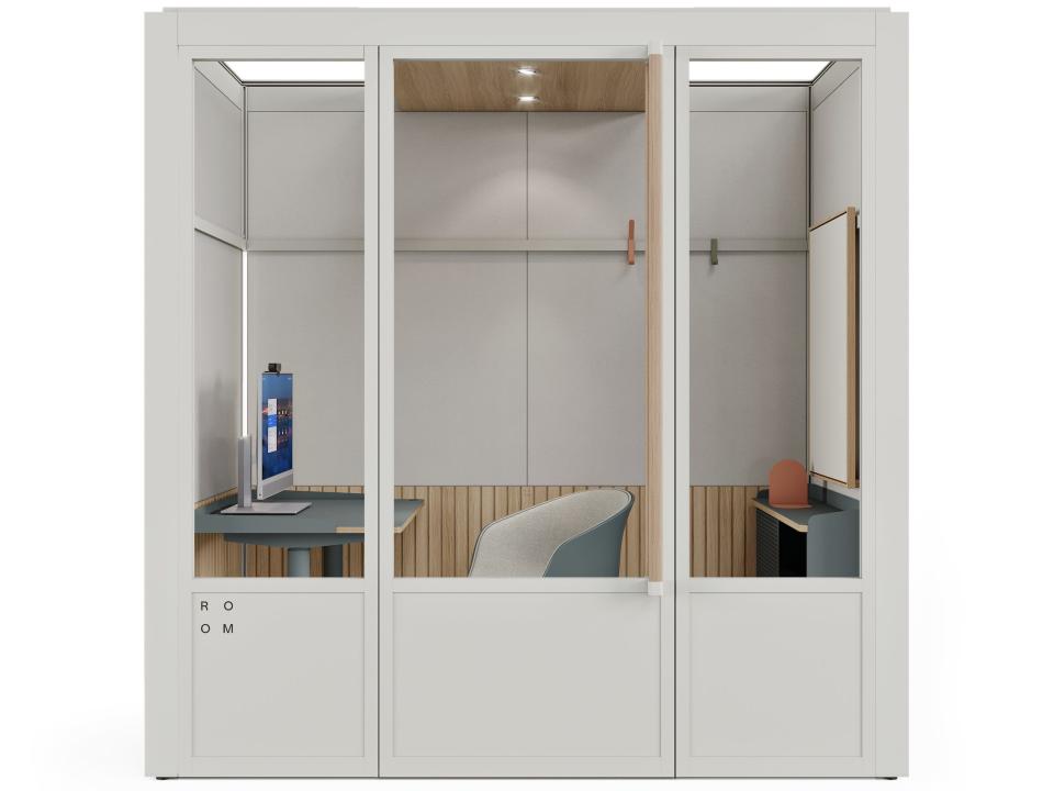 a rendering of a Room for Zoom booth with a white frame and a chair, desk, whiteboard, desktop