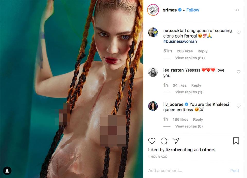 <strong>"being knocked up is a very feral & war-like state of being."</strong> — Grimes, announcing her pregnancy with an uncensored topless photo, on Instagram