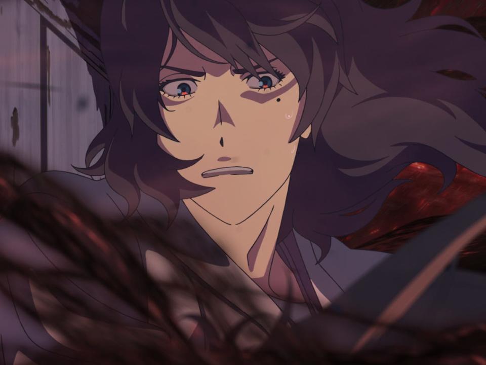 souta in makoto shinkai's suzume. he's a young man, about college age, with wild, long black hair flowing around his face, which bears a horrified expression. his shoulder is pressed up against a weathered door, while tendrils of supernatural red and black energy swirl around him