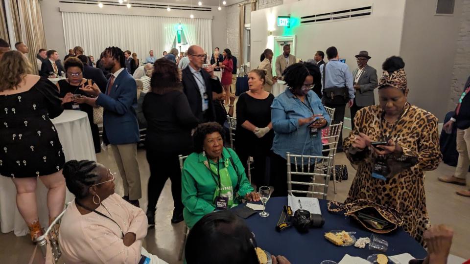 Supporters of Democratic gubernatorial candidate Brandon Presley gather at The Faulkner in Jackson for a watch party as they wait for returns to come in Tuesday.