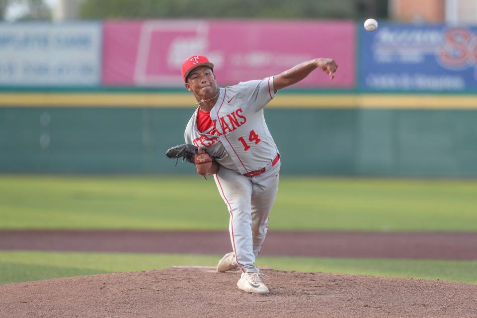 Keevyn Goss pitches for Ray during the game Friday, May 18, 2023, at Cabaniss Baseball Field in Corpus Christi, Texas. 