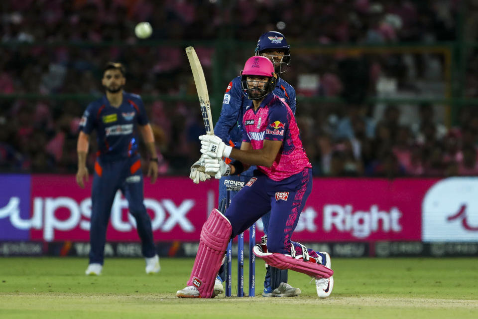 Rajasthan Royals’ Devdutt Padikkal bats during the Indian Premier League cricket match between Lucknow Super Giants and Rajasthan Royals in Jaipur, India, Wednesday, April 19, 2023. (AP Photo Surjeet Yadav )