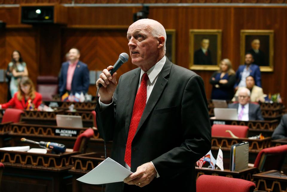 Arizona House Speaker Rusty Bowers addresses fellow lawmakers while debating legislation at the statehouse in Phoenix, Arizona.