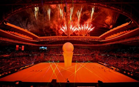  Participants take part in the opening ceremony of the Al Al Wakrah FIFA World Cup 2022 Stadium in Doha ,Qatar 16 May 2019.The Al Wakrah Stadium located 23km from Doha city center linked with the metro station. The stadium will be a venue for the upcoming Qatar FIFA World Cup 2022 - Credit: REX