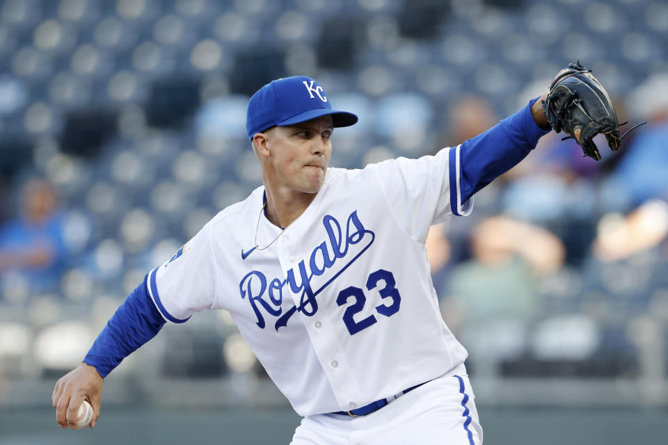 Kansas City Royals pitcher Zack Greinke delivers to a Baltimore Orioles batter during the first inning of a baseball game in Kansas City, Mo., Wednesday, May 3, 2023. (AP Photo/Colin E. Braley)