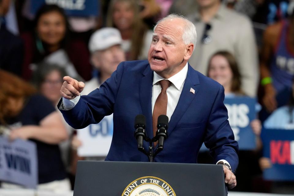 Democratic vice presidential nominee Minnesota Gov. Tim Walz speaks at a campaign rally at Desert Diamond Arena, Friday, Aug. 9, 2024, in Glendale, Arizona (AP)