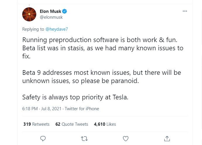 Elon Musk's Beta v9 Tweet