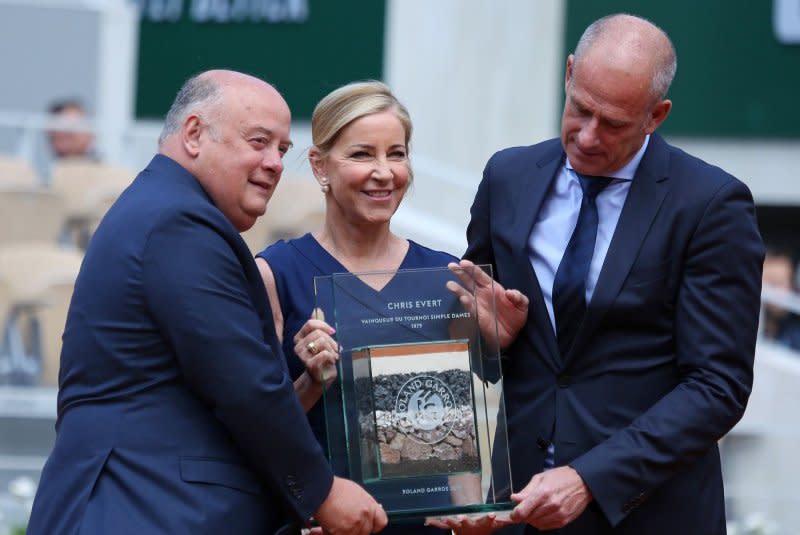 Former world No. 1 tennis player Chris Evert (C) 
and broadcaster ESPN confirmed her new cancer diagnosis in a joint statement Friday. File Photo by David Silpa/UPI