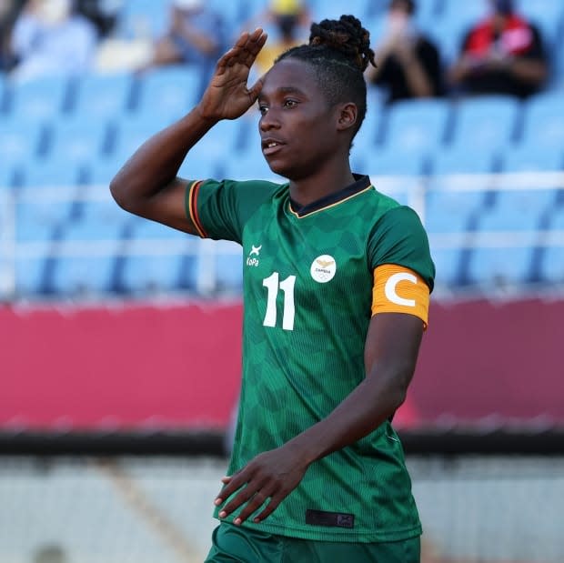 Zambia's Barbra Banda made history by becoming the first female soccer player to ever score back-to-back hat tricks at the Olympics in her team's 4-4 draw with China on Saturday. (@FIFAWWC/Twitter - image credit)
