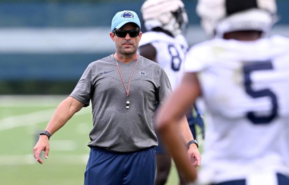Penn State defensive coordinator Manny Diaz directs players during the first day of practice on Monday, Aug. 1, 2022.