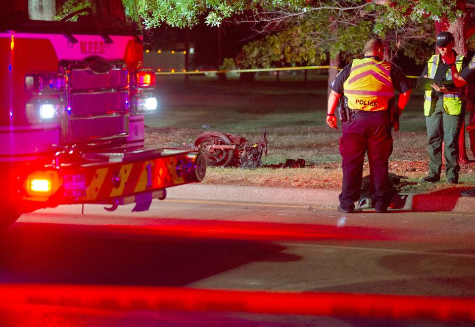 Wichita Falls Police worked the scene of a fatal accident near Holliday Street Tuesday night. A man and woman were killed when the motorcycle they were on crashed into a tree.