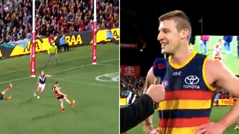 Josh Jenkins kicked a controversial goal in the Crow’s three-point triumph over AFL rivals Port Adelaide. Pic: Fox Footy