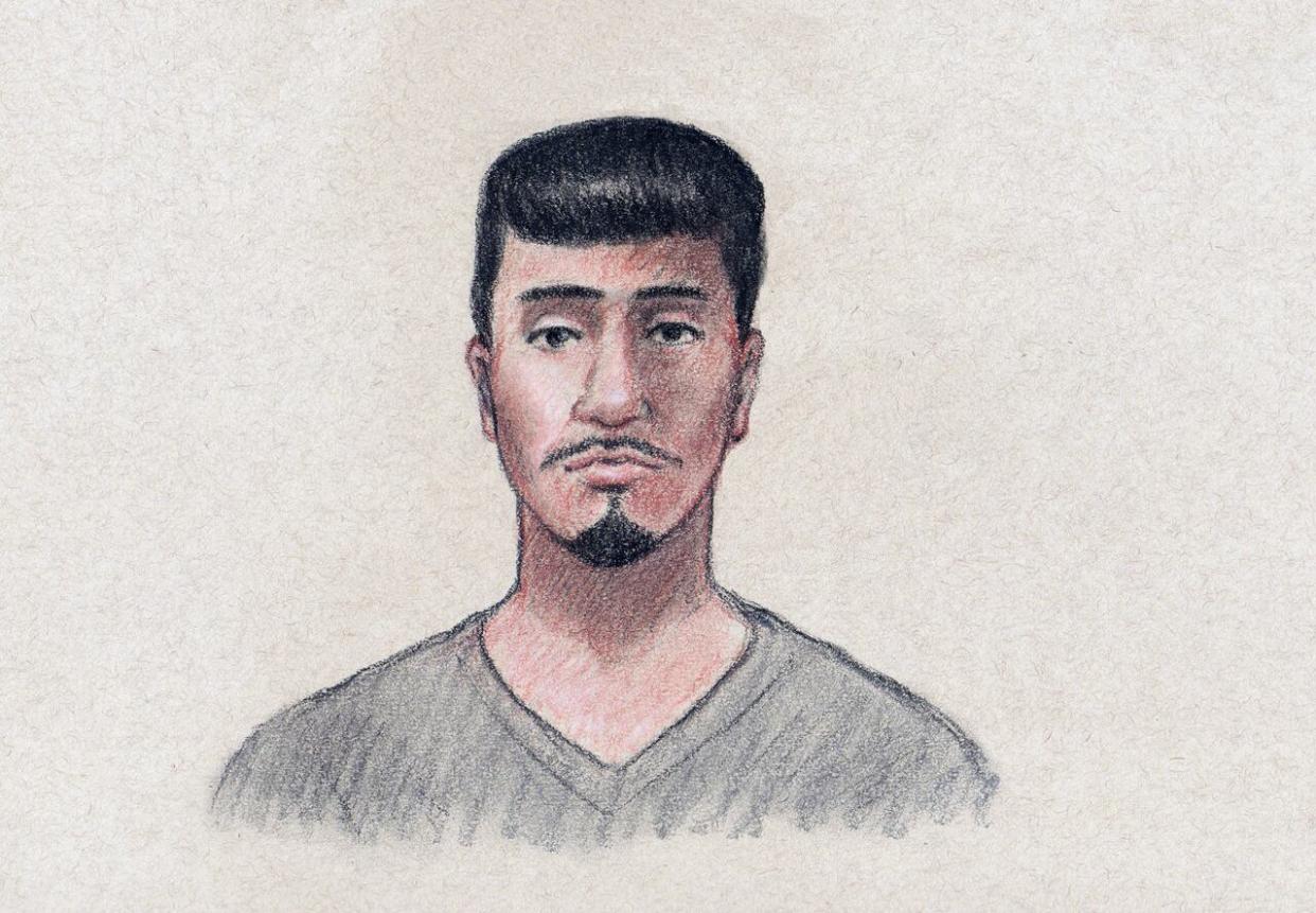 A court sketch of 18-year-old Ibrahim Ocal, drawn on May 8, 2024. Ocal has been charged with first-degree murder in the stabbing death of 15-year-old Ellis Smith. (Laurie Foster-MacLeod - image credit)