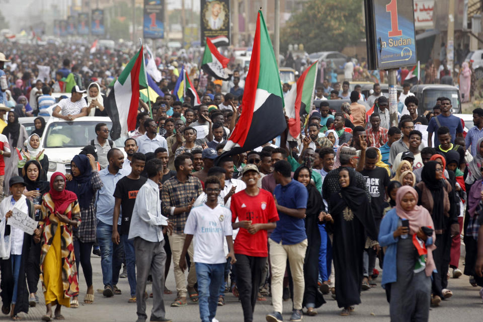 Sudanese protesters march during a demonstration in the capital Khartoum, Sudan, Thursday, Aug. 1, 2019. Sudanese pro-democracy activists have posted videos on social media showing thousands of people taking to the streets in the capital, Khartoum. The Sudanese Professionals Association said Thursday that the rallies are demanding justice for the killing of at least six people, including four students, earlier this week during student protests in a central province. (AP Photo)