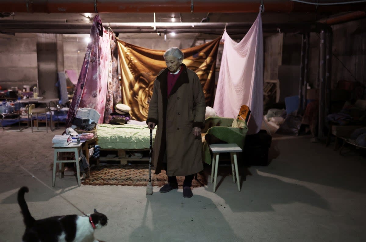 Former engineer Maria Nikolaevna, 92, looks at her family cat, Kisiau, next to her makeshift bedroom inside a basement (Reuters)