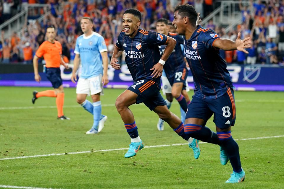 FC Cincinnati forward Brenner (9), center, celebrates a goal, which was later called back for offsides after review, in the second half of an MLS soccer game, Wednesday, June 29, 2022, at TQL Stadium in Cincinnati. The game ended in a 4-4 tie.