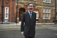 British Pro-Brexit lawmaker Jacob Rees-Mogg poses for a photograph, in Westminster, London, Friday, Nov. 16, 2018. Rees-Mogg called for a vote of no-confidence in British Prime Minister Theresa May over her proposed Brexit deal. Rees-Mogg said May's deal "is not Brexit" because it would keep Britain in a customs union with the EU, potentially for an indefinite period. He said May was "losing the confidence of Conservative members of Parliament." (Victoria Jones/PA via AP)