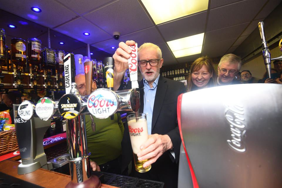 Labour Party leader Jeremy Corbyn pouring a pint at the Sports and Social Club in Barry Island, while on the General Election campaign trail in Wales.