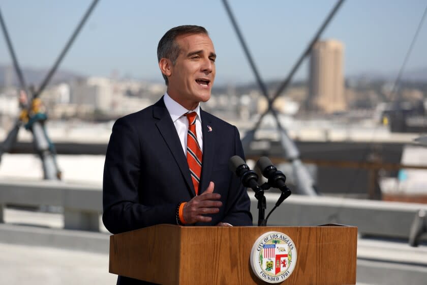 LOS ANGELES, CA - APRIL 14: Los Angeles Mayor Eric Garcetti delivers State of the City Address from the under-construction Sixth Street Viaduct on Thursday, April 14, 2022 in Los Angeles, CA. (Gary Coronado / Los Angeles Times)