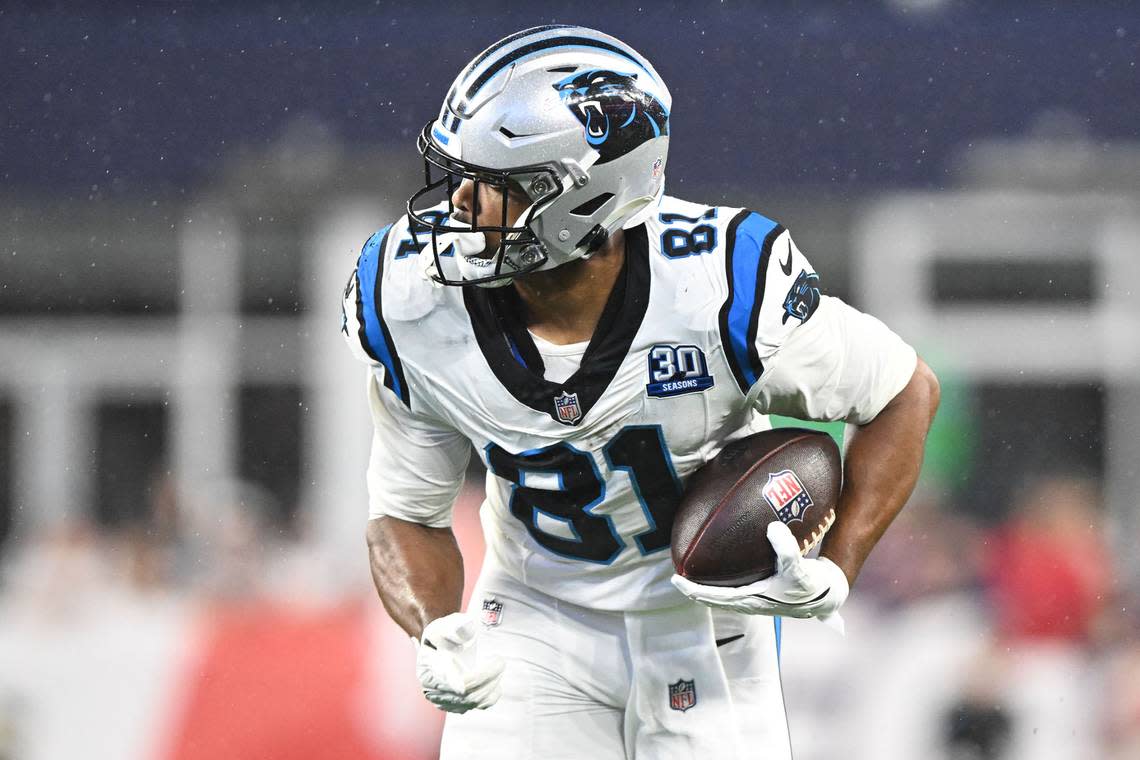 Carolina Panthers tight end Jordan Matthews (81) rushes against the New England Patriots during the first half at Gillette Stadium.