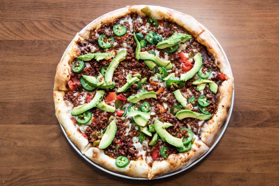 A close-up of Chef Valentin Palillero's "Pizza Mexicana" pie is featured at San Lucas Pizzeria, the restaurant Palillero co-owns with his wife, Eva Mendez, since 2005, in Philadelphia, Tuesday, Sept. 19, 2023. Paillero is the first chef known to have made a specialty out of Mexican pizza in South Philly.