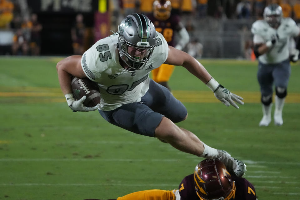 Eastern Michigan tight end Andreas Paaske (85) during an NCAA football game against Arizona State on Saturday, Sept. 17, 2022, in Phoenix, Ariz. (AP Photo/Rick Scuteri)