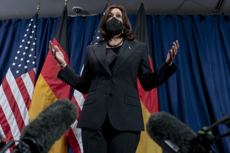 Vice President Kamala Harris speaks to members of the media at her hotel after attending the Munich Security Conference, Sunday, Feb. 20, 2022, in Munich. (AP Photo/Andrew Harnik, Pool)