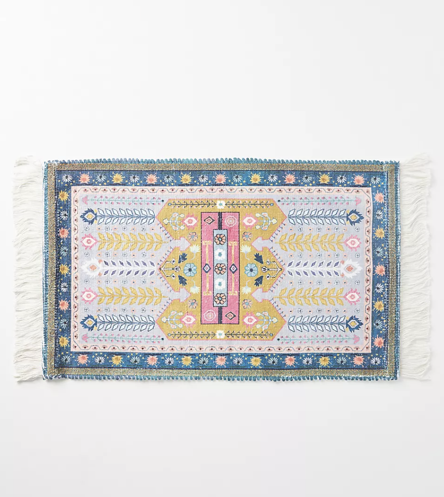 blue, pink, and gold pattern Gioello Bath Mat (Photo via Anthropologie)