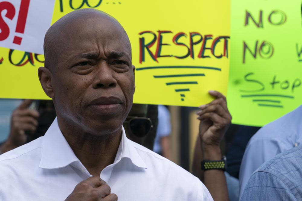 Eric Adams, Brooklyn Borough President and a Democratic mayoral candidate, attends a rally of workers from TWU Local 100 at Brooklyn’s Fillmore Bus Depot about the rise in assaults against transit workers, Thursday, June 10, 2021, in New York. (AP Photo/Mark Lennihan)