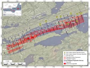 Drill hole collar locations at the CV5 Pegmatite for holes completed through 2022