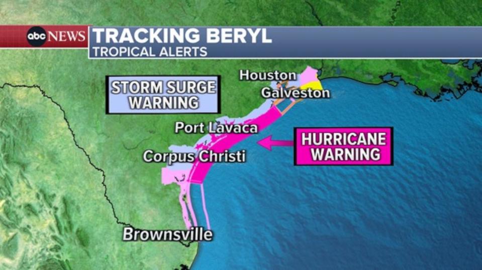 PHOTO: Alert for tropical storm Beryl. (ABC News)