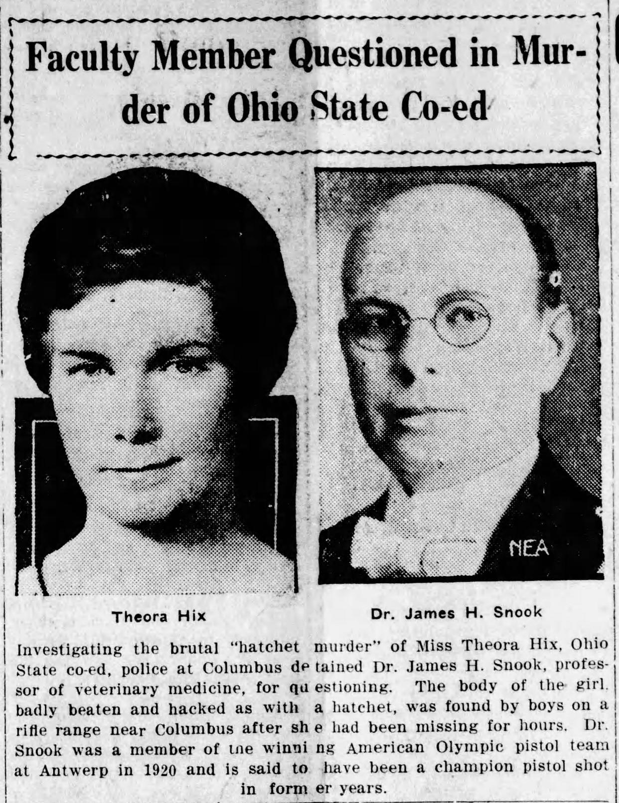Murder victim Theora Hix, 24, and her killer, renowned Ohio State University professor James Snook, are pictured In this June 17, 1929, edition of the Urbana Daily Citizen. The coed and professor had a three-year affair in one of Ohio's most salacious 20th century trials.