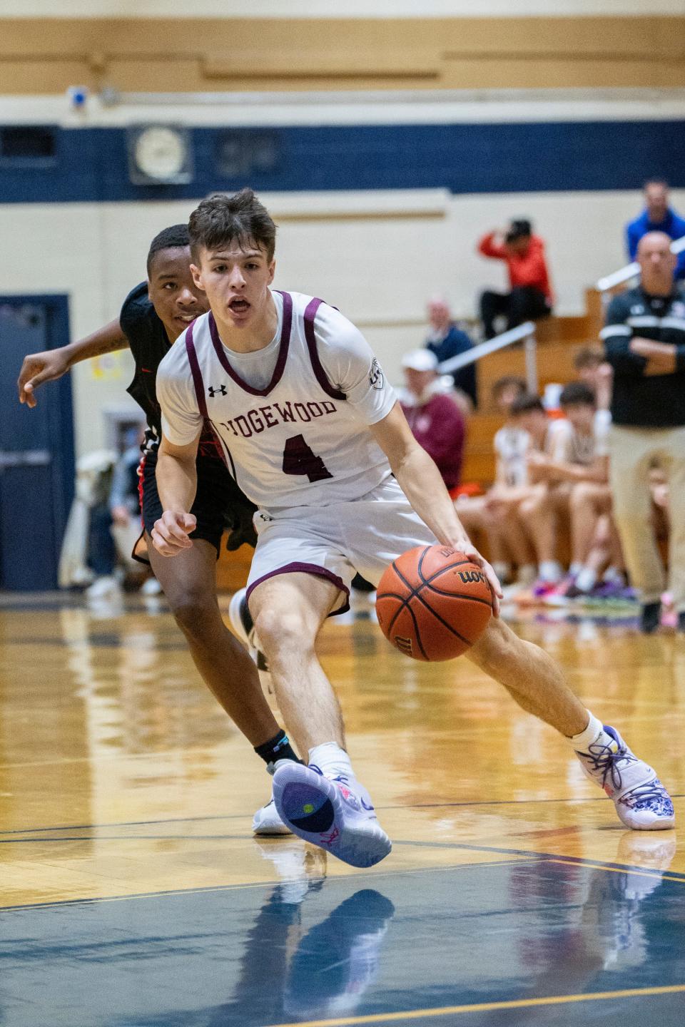 Jan 6, 2024; Hackensack, New Jersey, US; Kennedy plays Ridgewood in the Mel Henderson basketball showcase at Hackensack High. R #4 Johnny Jackson is shown with the ball.