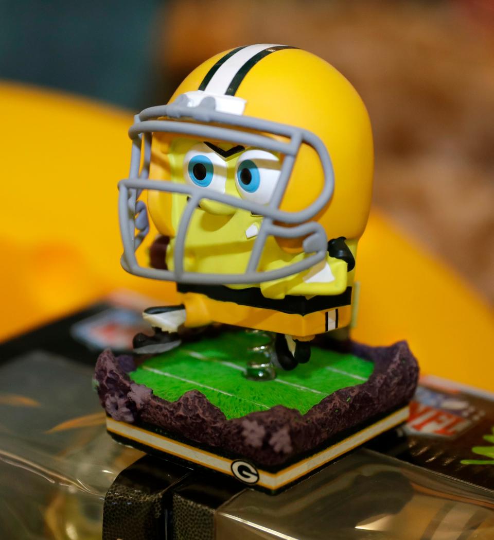 A Spongebob Squarepants bobblehead at the Packers Pro Shop on Jan. 17, 2023, in Green Bay, Wis.