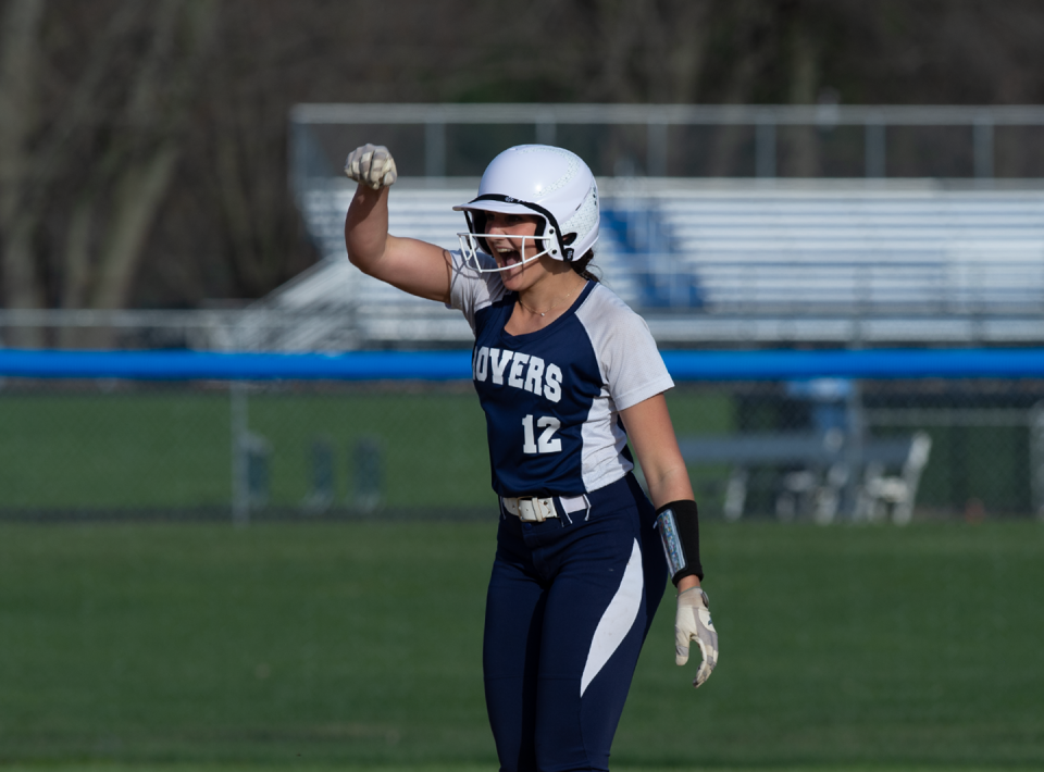 Shelbie Kreiger reacts to hitting a double. Rootstown hosted Mogadore for softball on Tuesday, April 11.