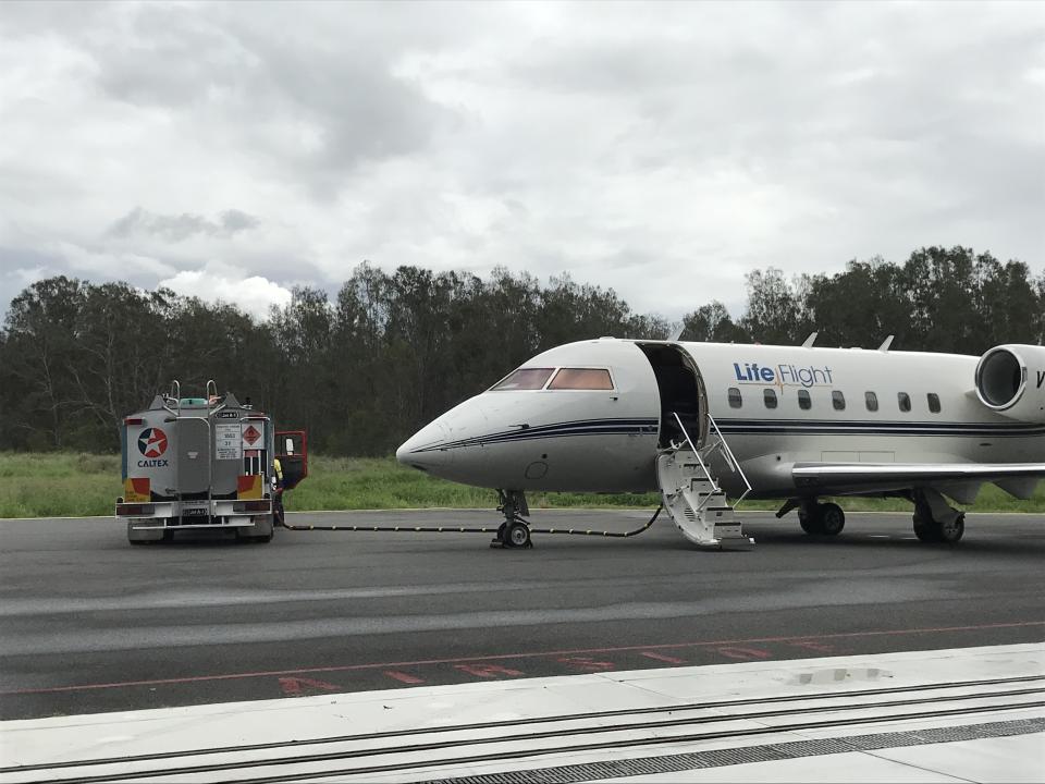 The LifeFlight jet being refuelled in Brisbane. Source: Courtesy RACQ <span class="il">LifeFlight</span> Rescue