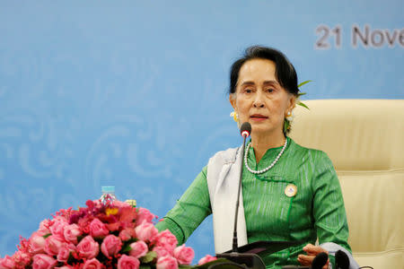 Myanmar State Counselor Aung San Suu Kyi speaks during a news conference at the Asia Europe Foreign Ministers (ASEM) in Naypyitaw, Myanmar, November 21, 2017. REUTERS/Stringer NO RESALE. NO ARCHIVE.