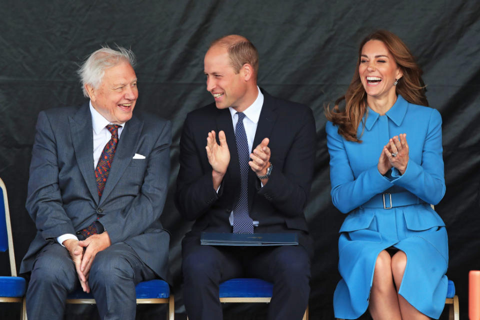 The Duke and Duchess of Cambridge laugh with Sir David Attenborough during the naming ceremony of the polar research ship, which the public voted to call Boaty McBoatface, at the Cammell Laird shipyard in Birkenhead, Merseyside on Thursday September 26, 2019.