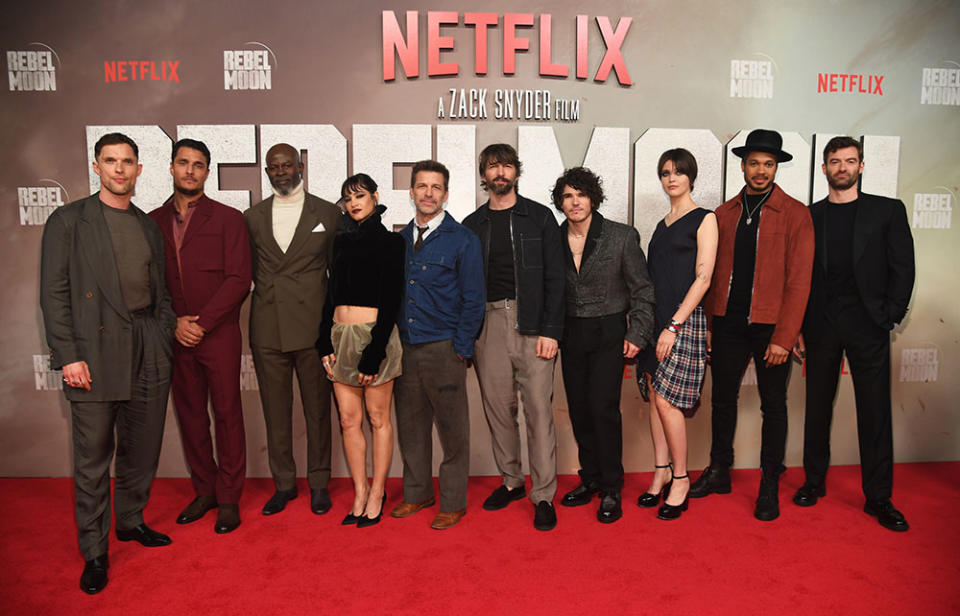 (L-R) Ed Skrein, Staz Nair, Djimon Hounsou, Sofia Boutella, Zack Snyder, Michiel Huisman, Fra Fee, Elise Duffy, Ray Fisher and Stuart Martin attend Netflix's Rebel Moon Part Two: Songs Of The Rebellion Album Release Event at Knockdown Center on April 03, 2024 in Queens, New York.