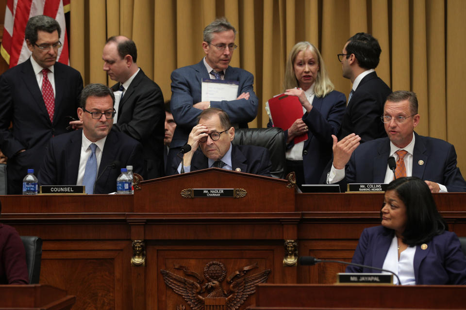 WASHINGTON, DC - SEPTEMBER 17:  Committee ranking member Rep. Doug Collins (R-GA) speaks as Chairman Rep. Jerry Nadler (D-NY) listens during a hearing before the House Judiciary Committee in the Rayburn House Office Building on Capitol Hill September 17, 2019 in Washington, DC. The White House has instructed Former White House Staff Secretary Rob Porter and former White House Deputy Chief of Staff Rick Dearborn not to appear in the hearing that focused on "Presidential Obstruction of Justice and Abuse of Power."  (Photo by Alex Wong/Getty Images) (Photo: Alex Wong via Getty Images)