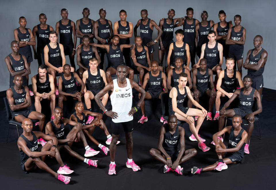 Eliud Kipchoge (white vest), world record holder, Olympic champion poses with his dream team of pacemakers in Vienna, Austria October 9, 2019. Kipchoge prepares for his attempt to become the first man in history to run a sub two hour marathon in the INEOS 1:59 Challenge in Vienna on Saturday 12 October 2019.  The INEOS 1:59 Challenge/Bob Martin via REUTERS THIS IMAGE HAS BEEN SUPPLIED BY A THIRD PARTY. NO RESALES. NO ARCHIVES