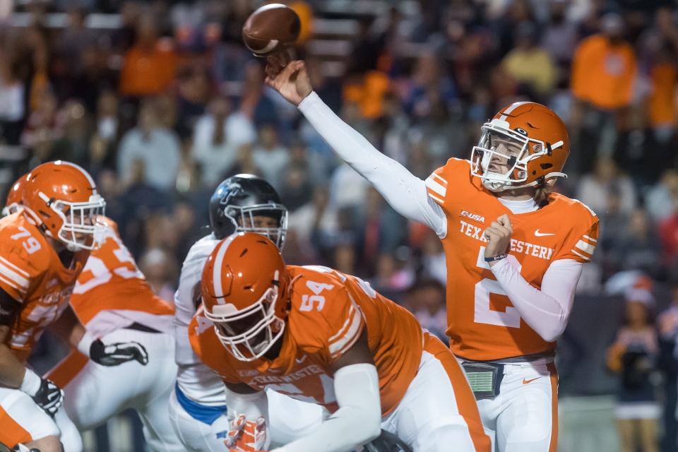 UTEP's Gavin Hardison (2) at a football game against Middle Tennessee at the Sun Bowl in El Paso, Texas, on Saturday, Oct. 29, 2022.