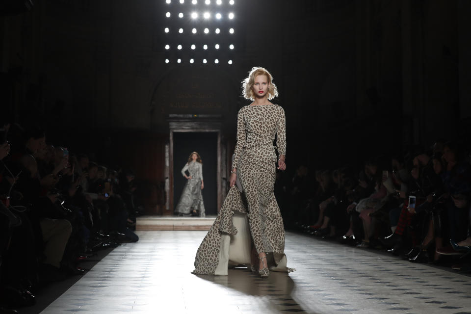 A model wears a creation for the Julien Fournie Spring/Summer 2019 Haute Couture fashion collection presented in Paris, Tuesday Jan. 22, 2019. (AP Photo/Thibault Camus)