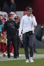 San Francisco 49ers head coach Kyle Shanahan watches during the second half of his team's NFL football game against the Minnesota Vikings in Santa Clara, Calif., Sunday, Nov. 28, 2021. (AP Photo/Tony Avelar)