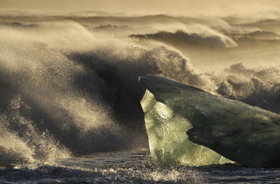 500- to 700-year-old ice calved from Breidermerkursjokull, polished by the action of glacier, river and seawater, on the way to raising global sea level, seen on the beach at the mouth of the stream draining the Jökulsárlón Lake, Iceland, February 7, 2008.  Page 374 from 