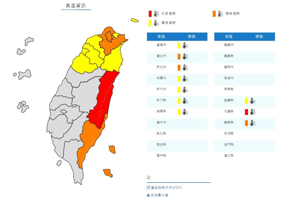 今天天氣炎熱，許多縣市發布高溫資訊。（圖／翻攝自中央氣象局）